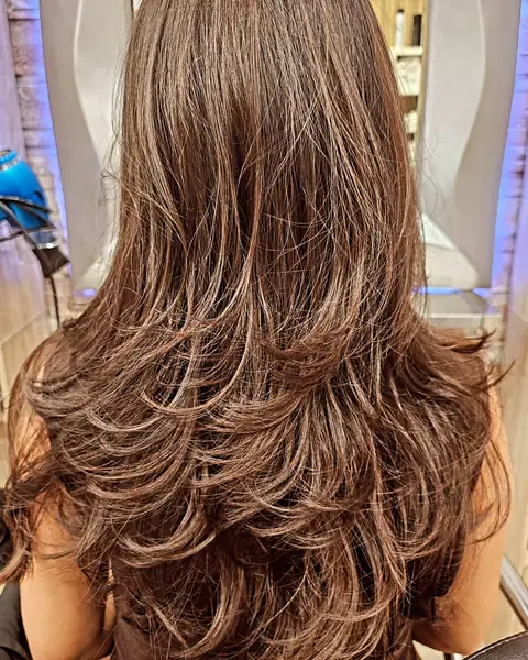Melena castaña larga cortada en capas, con mechas suaves, vista de espaldas